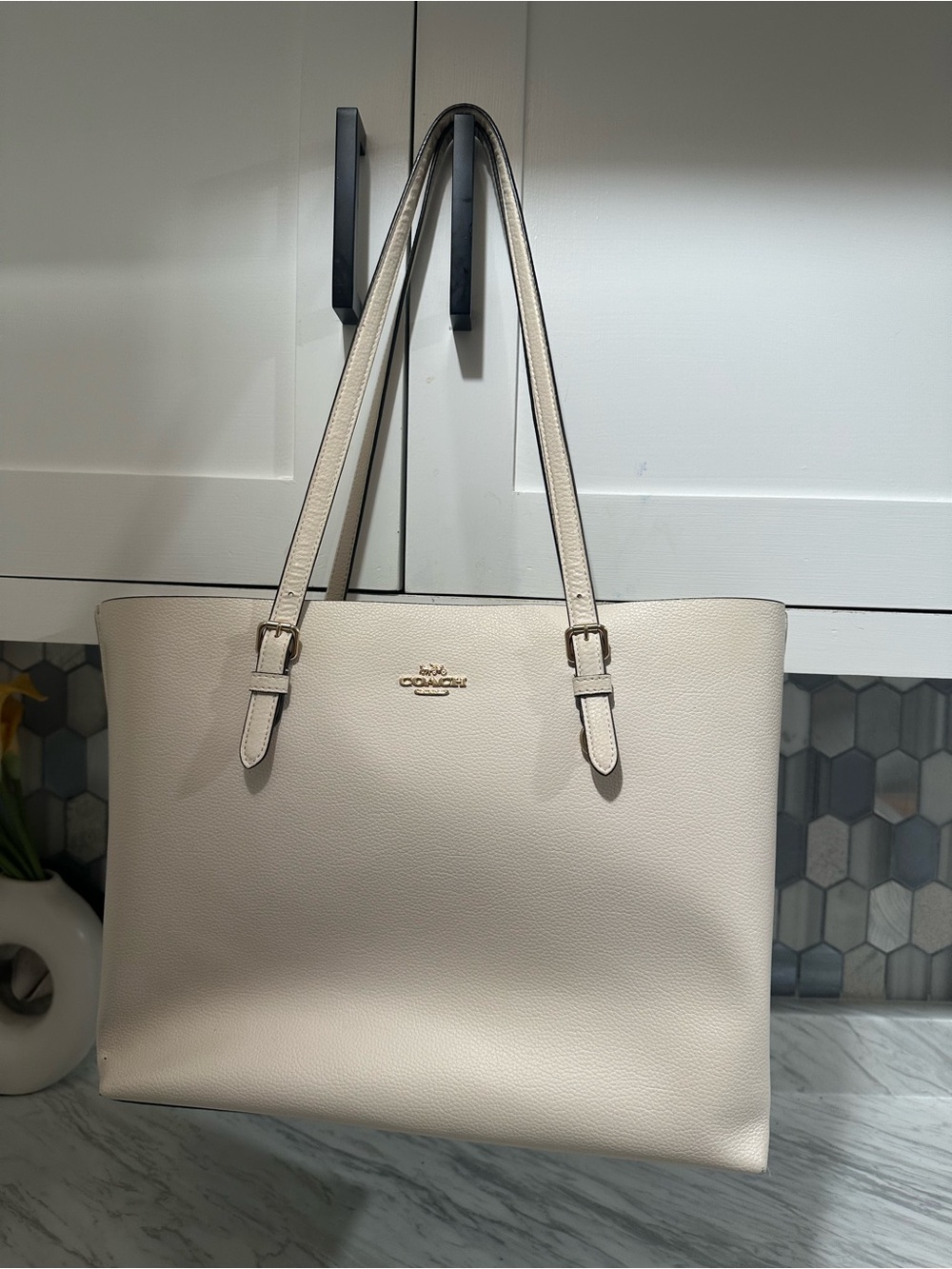 Coach Chalk Leather Tote with Gold Logo Hardware